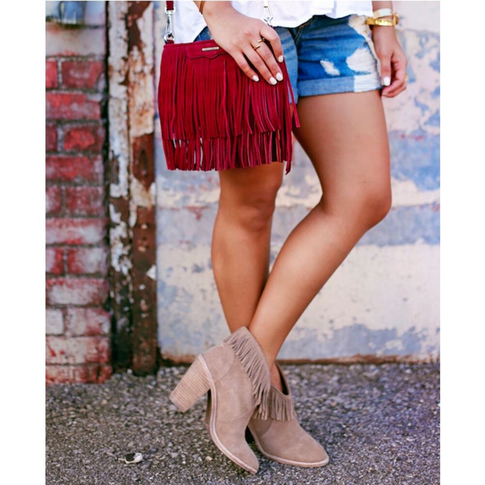 Joie Loren Fringe Booties 39.5 Boho Tan Suede Slip on Western Music Festival